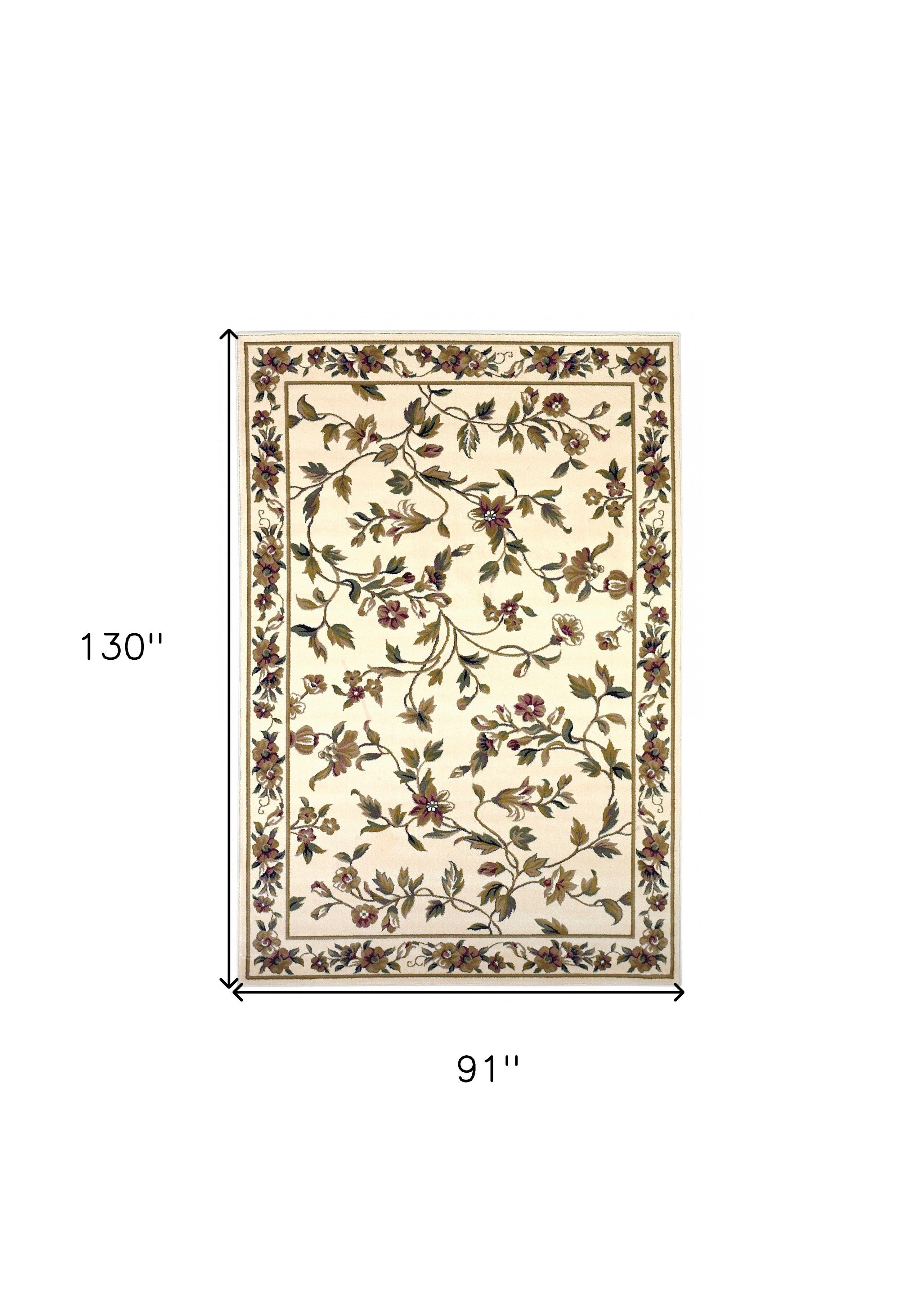 8' X 11' Ivory Green And Red Floral Vines Area Rug-Area Rugs-DECOROLALA