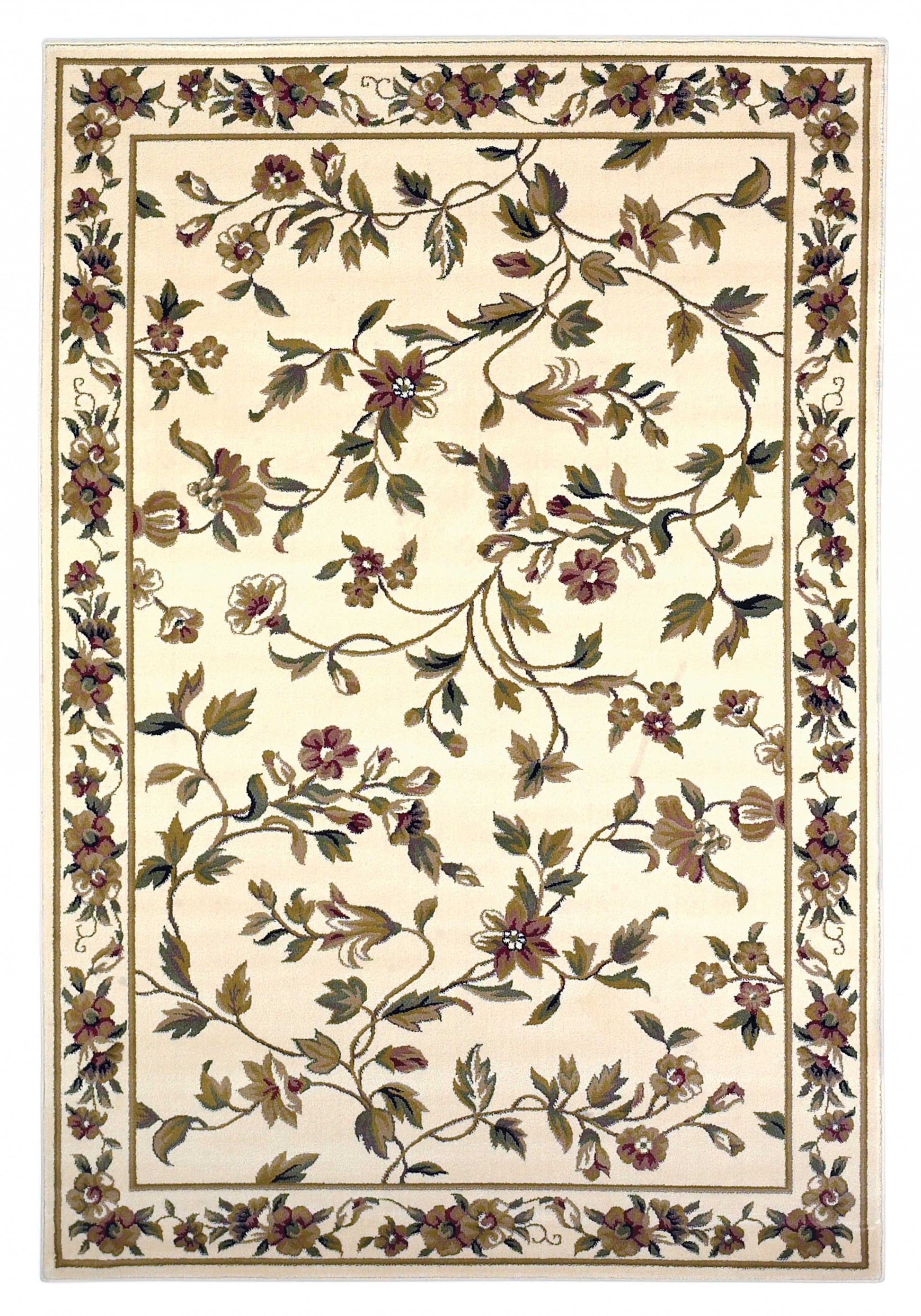 8' X 11' Ivory Green And Red Floral Vines Area Rug-Area Rugs-DECOROLALA