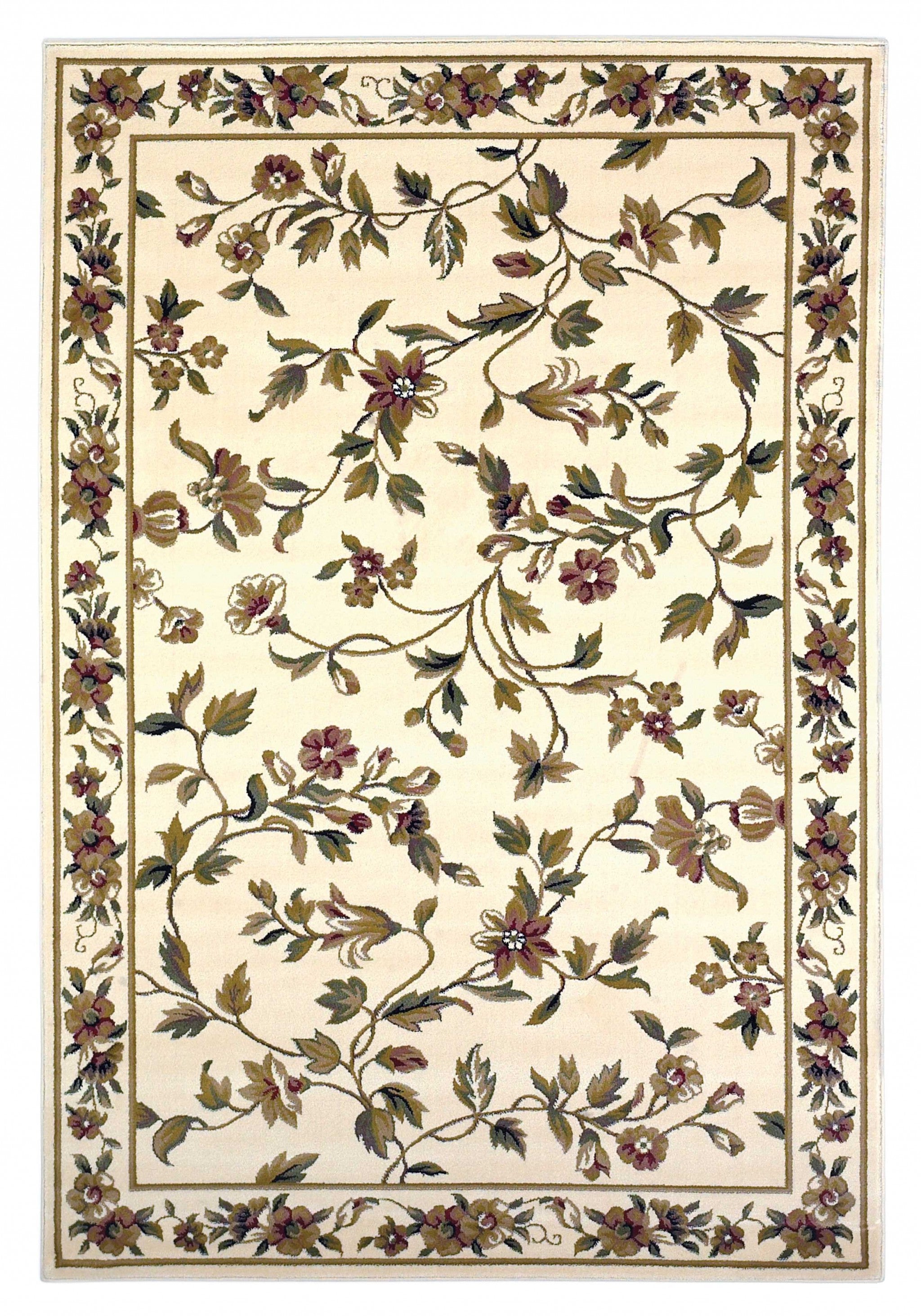 8' X 11' Ivory Green And Red Floral Vines Area Rug-Area Rugs-DECOROLALA