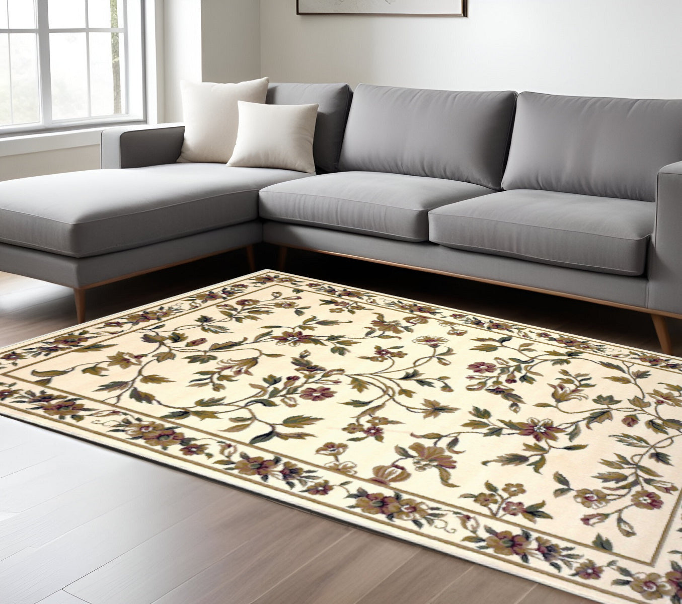 8' X 11' Ivory Green And Red Floral Vines Area Rug-Area Rugs-DECOROLALA