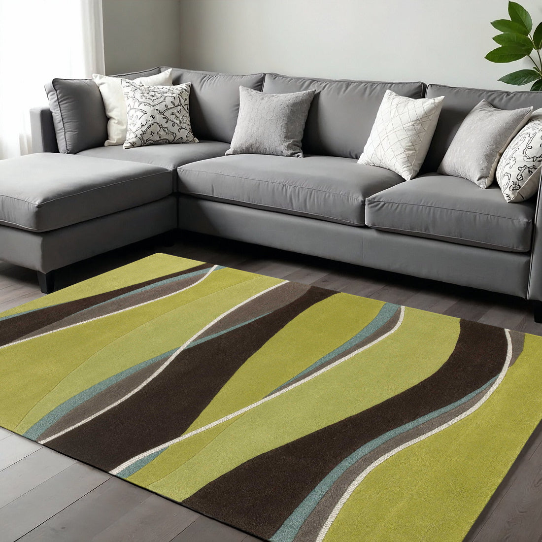 8' X 11' Lime Green Brown And Blue Wool Abstract Hand Tufted Area Rug-Area Rugs-DECOROLALA