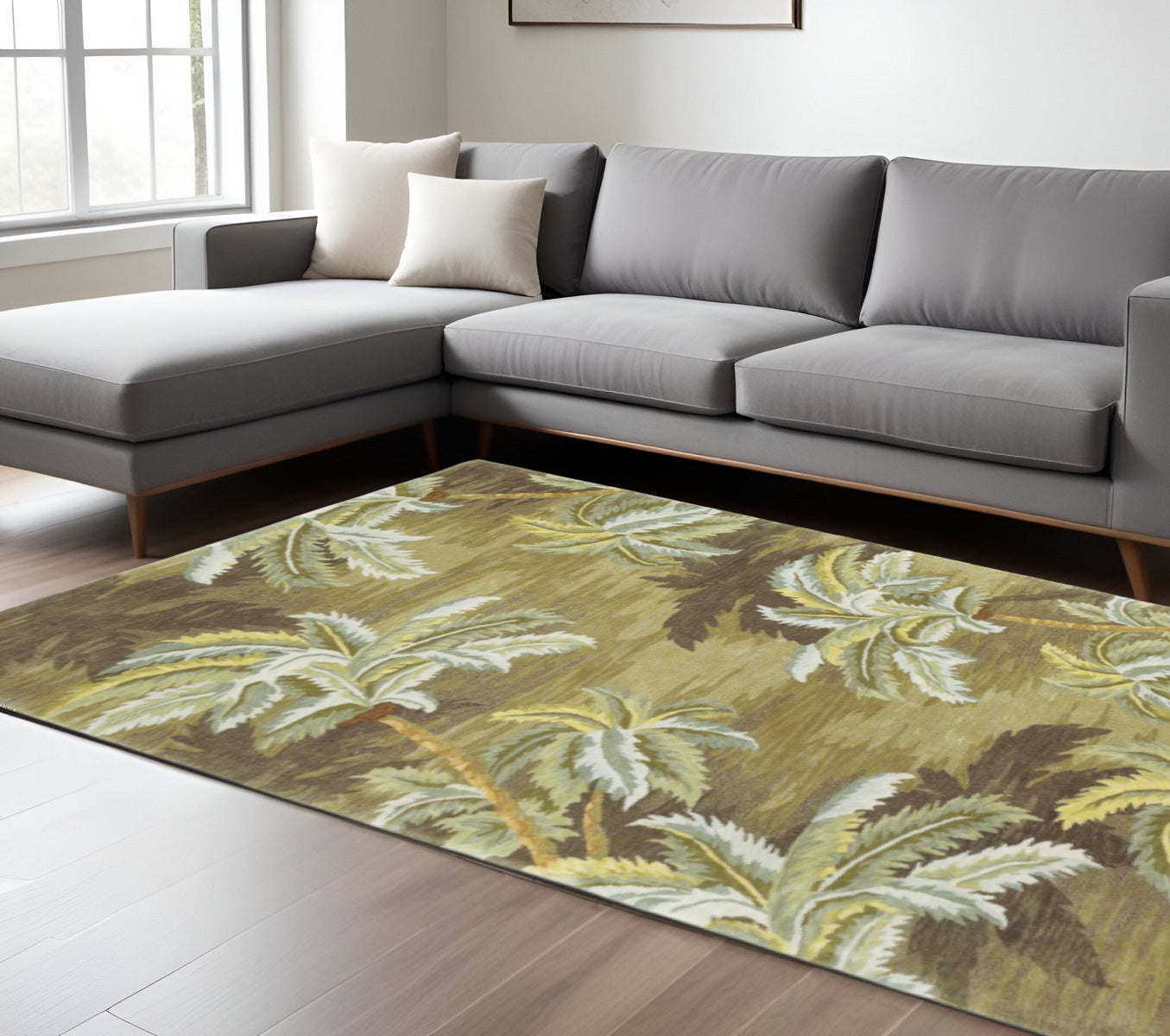 8' X 11' Moss Green And Yellow Wool Tropical Botanical Hand Tufted Area Rug-Area Rugs-DECOROLALA