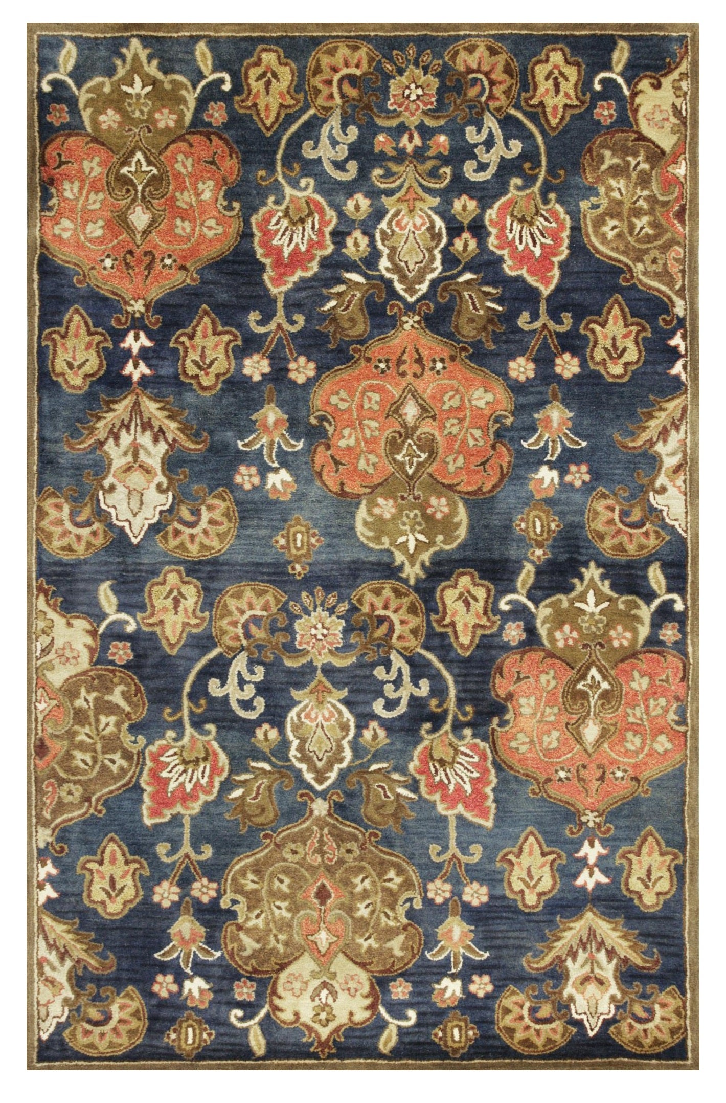 8' X 11' Navy Blue Orange And Brown New Zealand Lambs Wool Medallion Hand Tufted Area Rug-Area Rugs-DECOROLALA