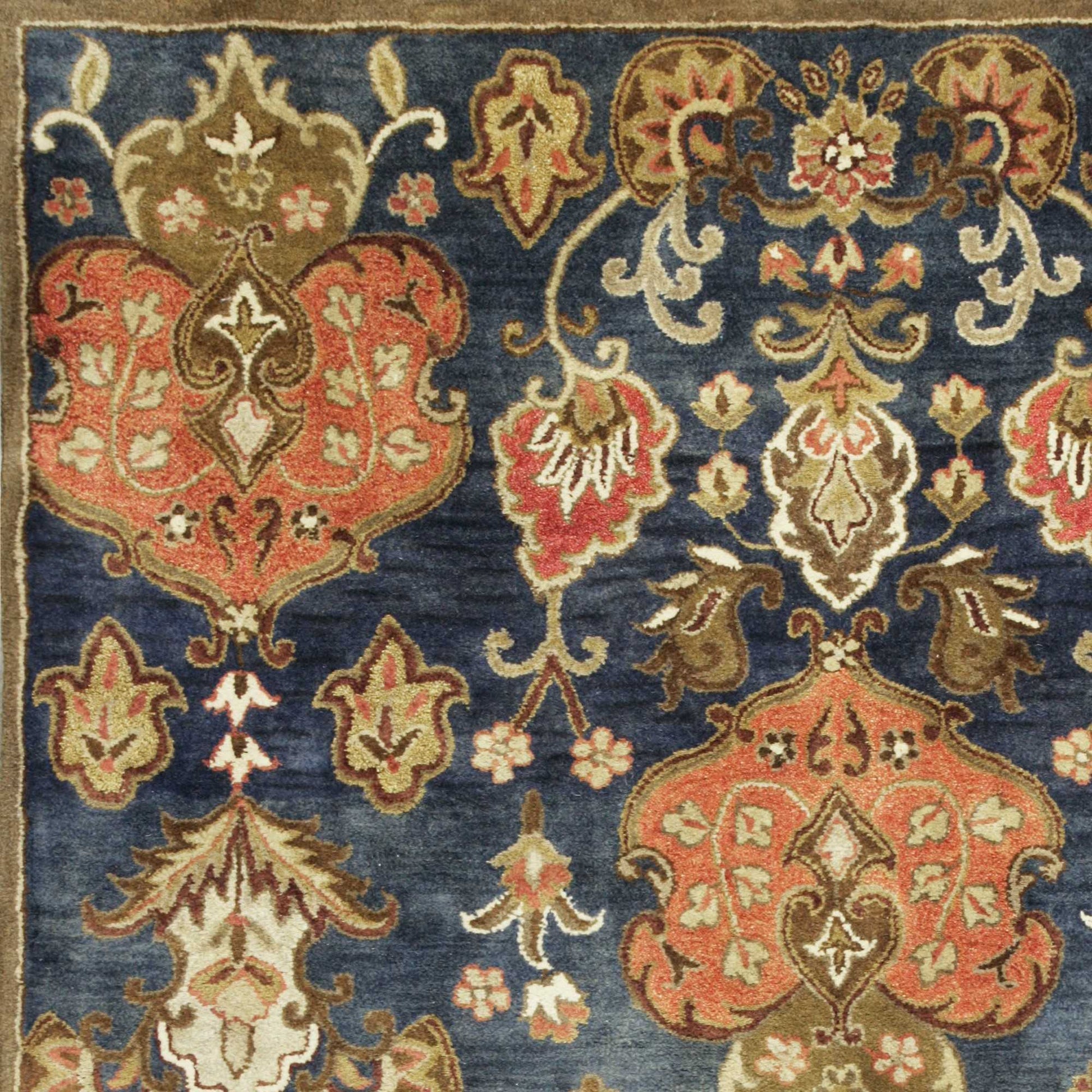 8' X 11' Navy Blue Orange And Brown New Zealand Lambs Wool Medallion Hand Tufted Area Rug-Area Rugs-DECOROLALA