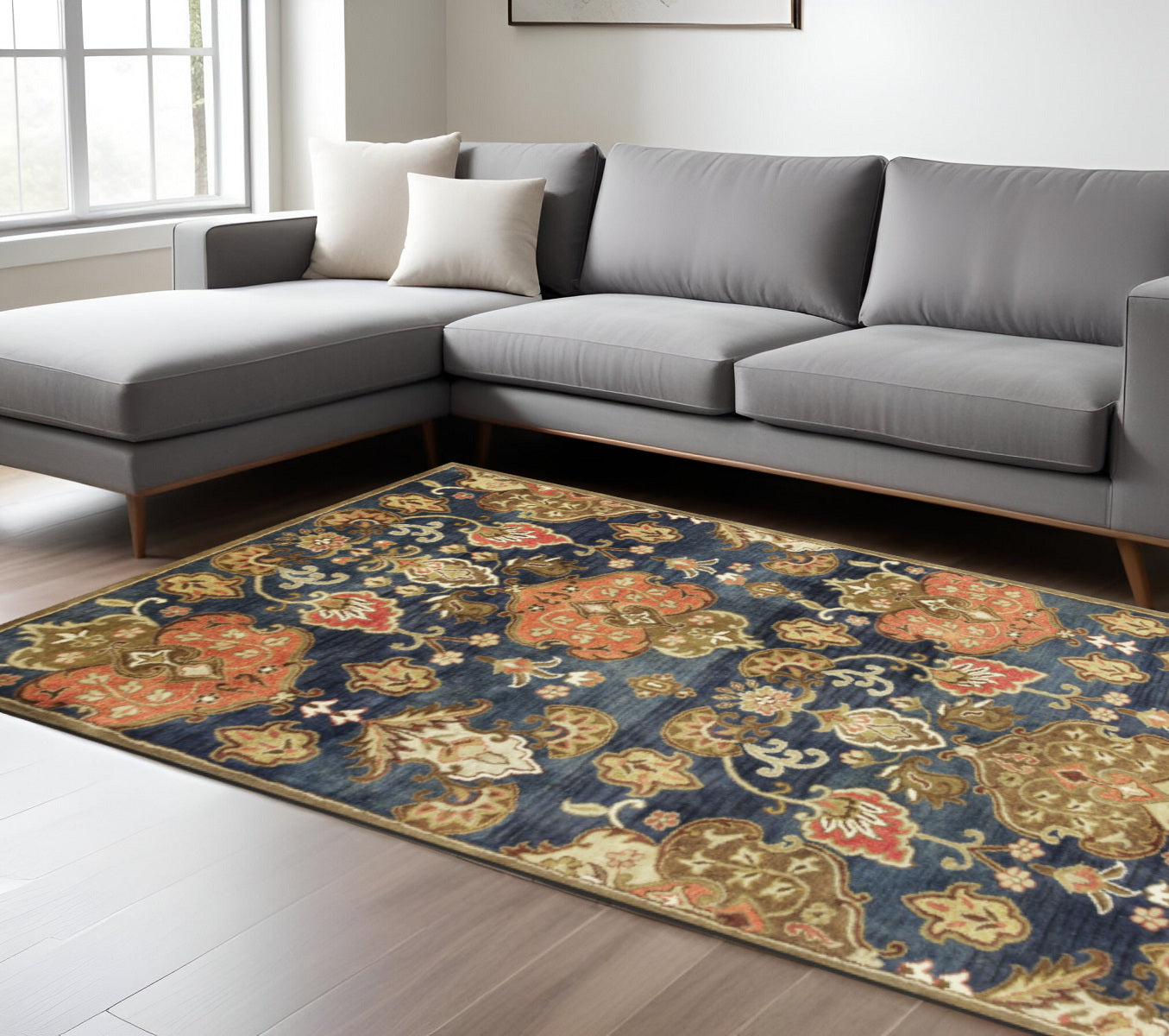 8' X 11' Navy Blue Orange And Brown New Zealand Lambs Wool Medallion Hand Tufted Area Rug-Area Rugs-DECOROLALA