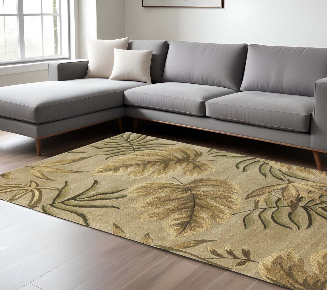 8' X 11' Sand And Beige Wool Botanical Leaves Hand Tufted Area Rug-Area Rugs-DECOROLALA