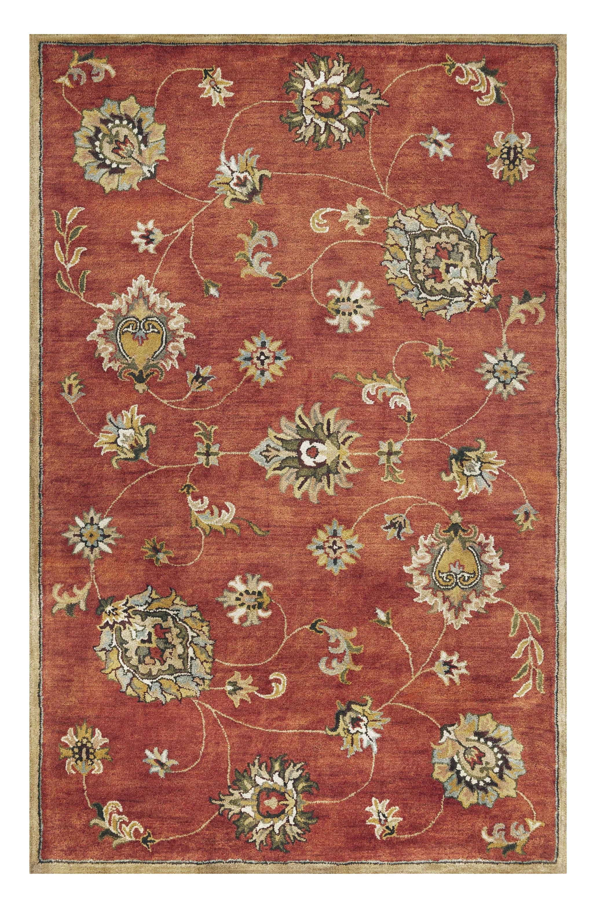 8' X 11' Sienna Gold And Green Wool Floral Vines Hand Tufted Area Rug-Area Rugs-DECOROLALA