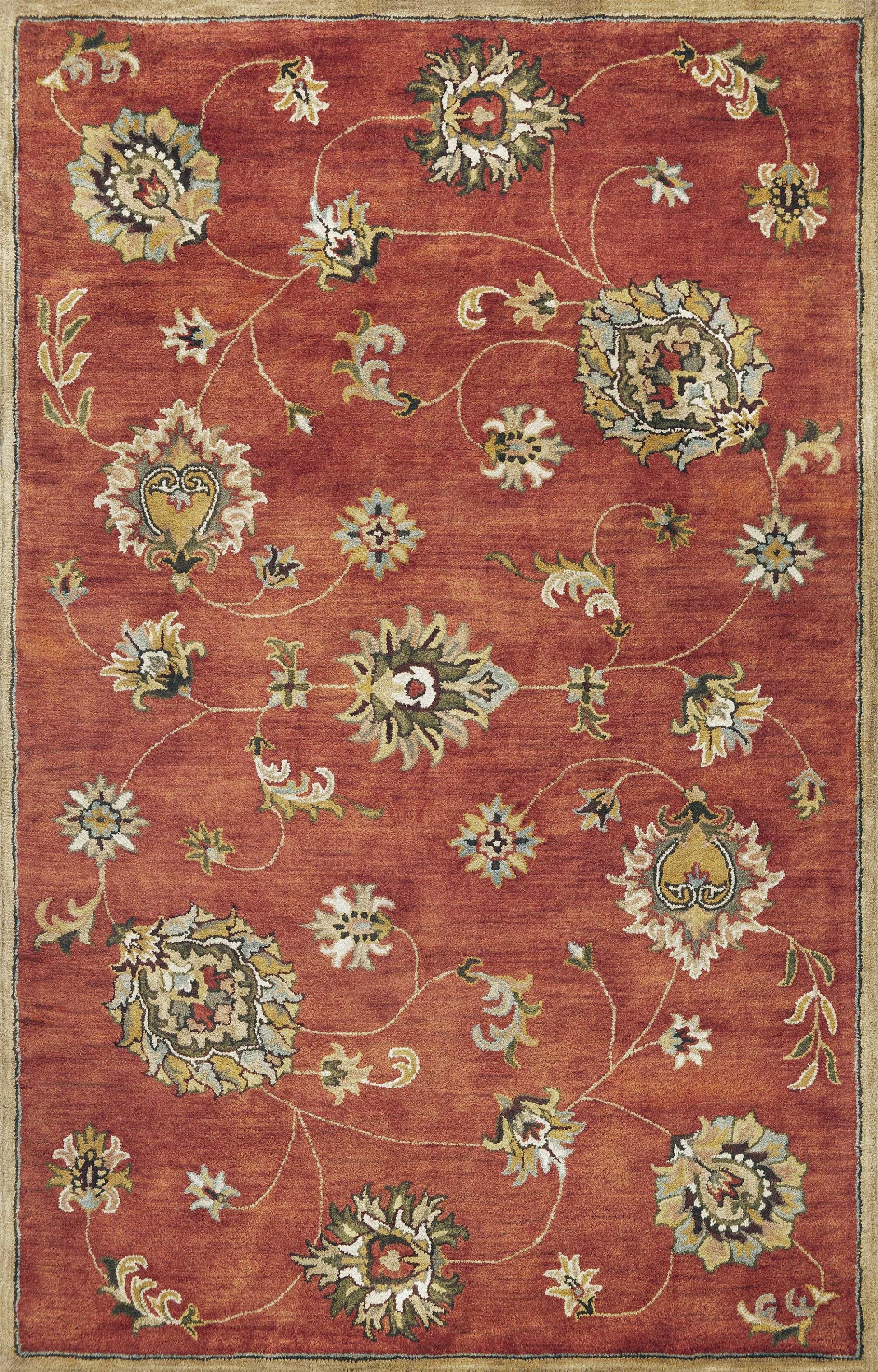 8' X 11' Sienna Gold And Green Wool Floral Vines Hand Tufted Area Rug-Area Rugs-DECOROLALA