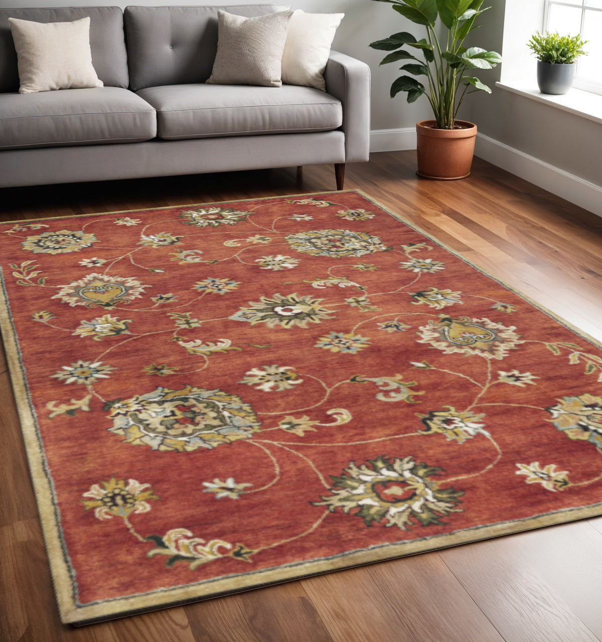 8' X 11' Sienna Gold And Green Wool Floral Vines Hand Tufted Area Rug-Area Rugs-DECOROLALA