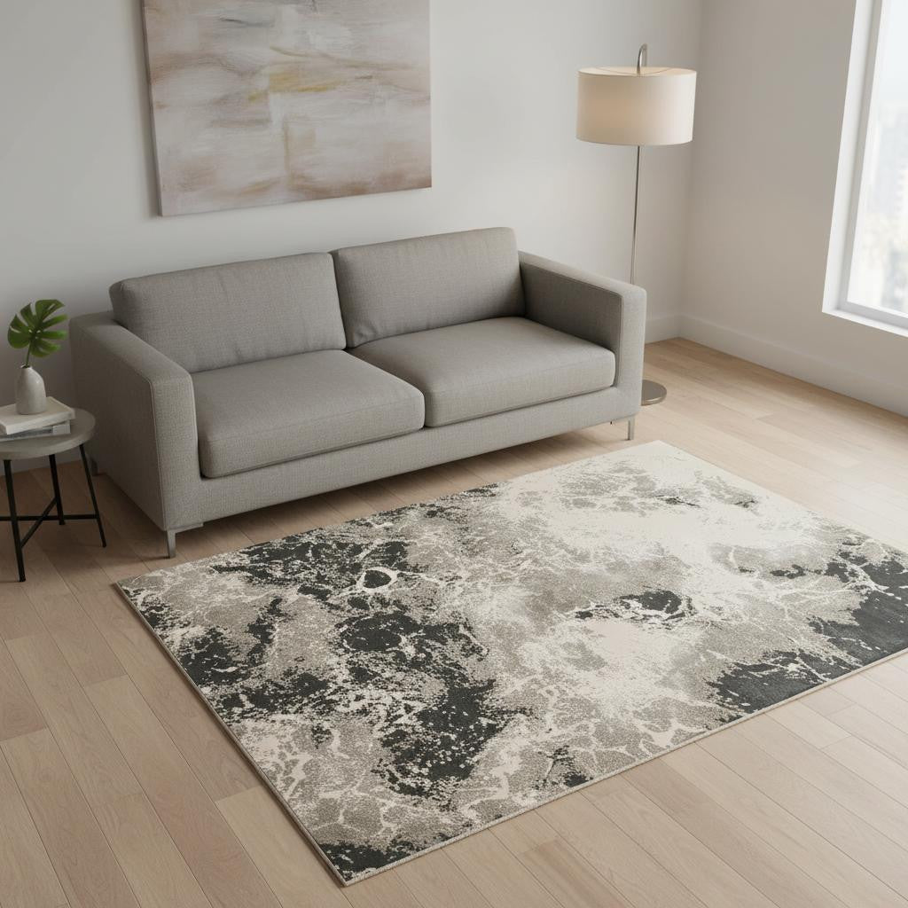 8' X 11' Silver And Black Abstract Area Rug-Area Rugs-DECOROLALA