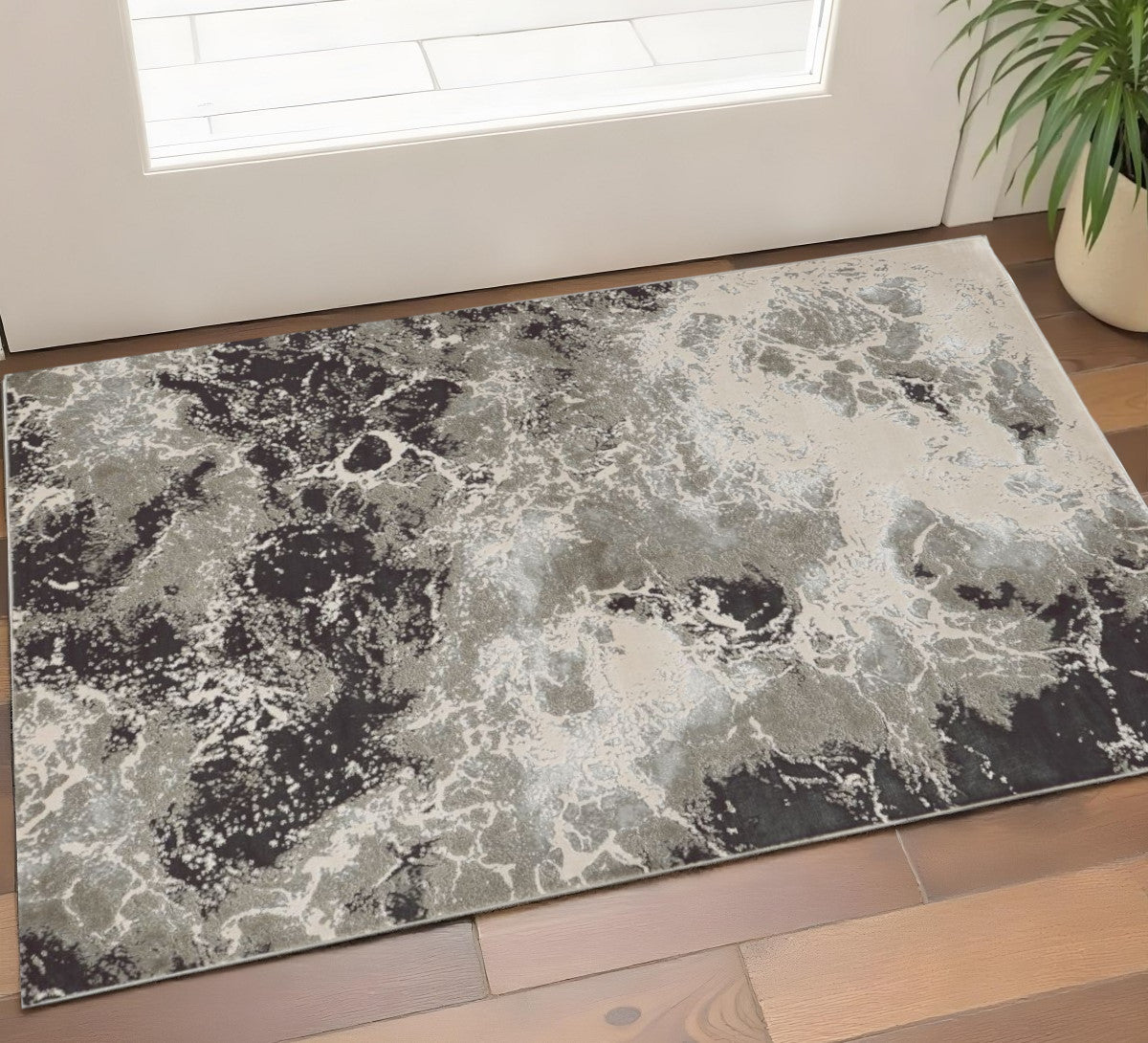 8' X 11' Silver And Black Abstract Area Rug-Area Rugs-DECOROLALA