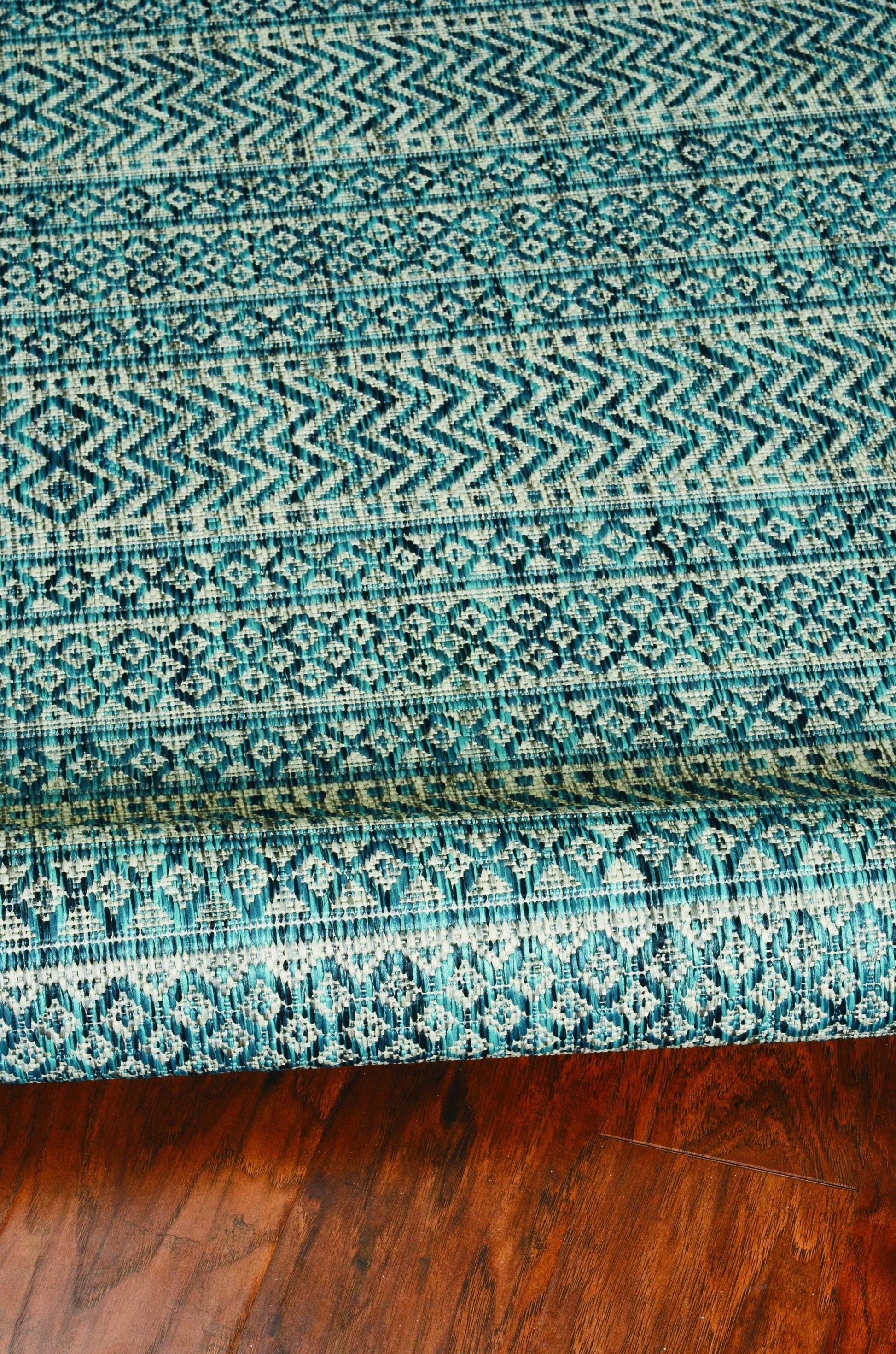 8' X 11' Teal And Beige Geometric Area Rug-Area Rugs-DECOROLALA