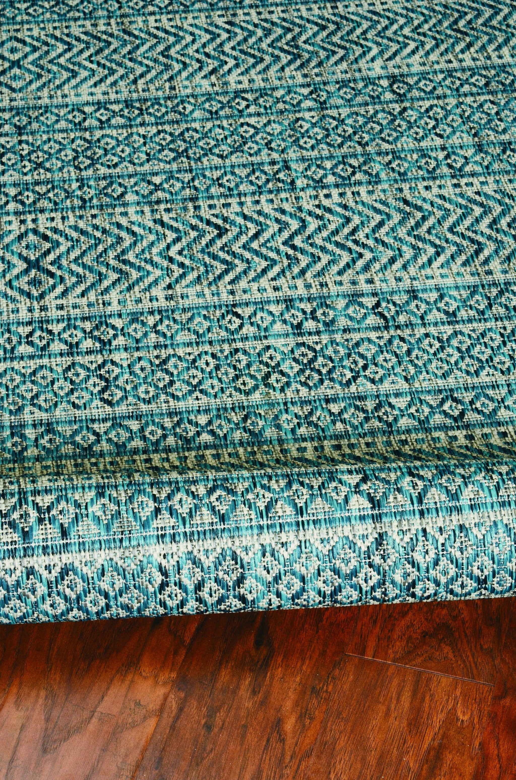8' X 11' Teal And Beige Geometric Area Rug-Area Rugs-DECOROLALA