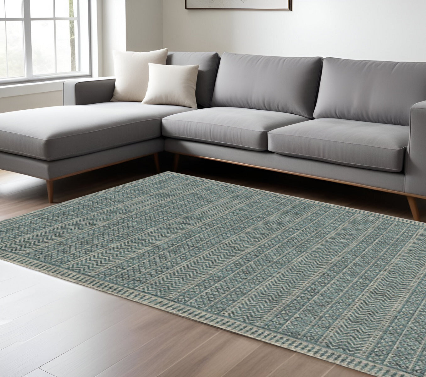 8' X 11' Teal And Beige Geometric Area Rug-Area Rugs-DECOROLALA