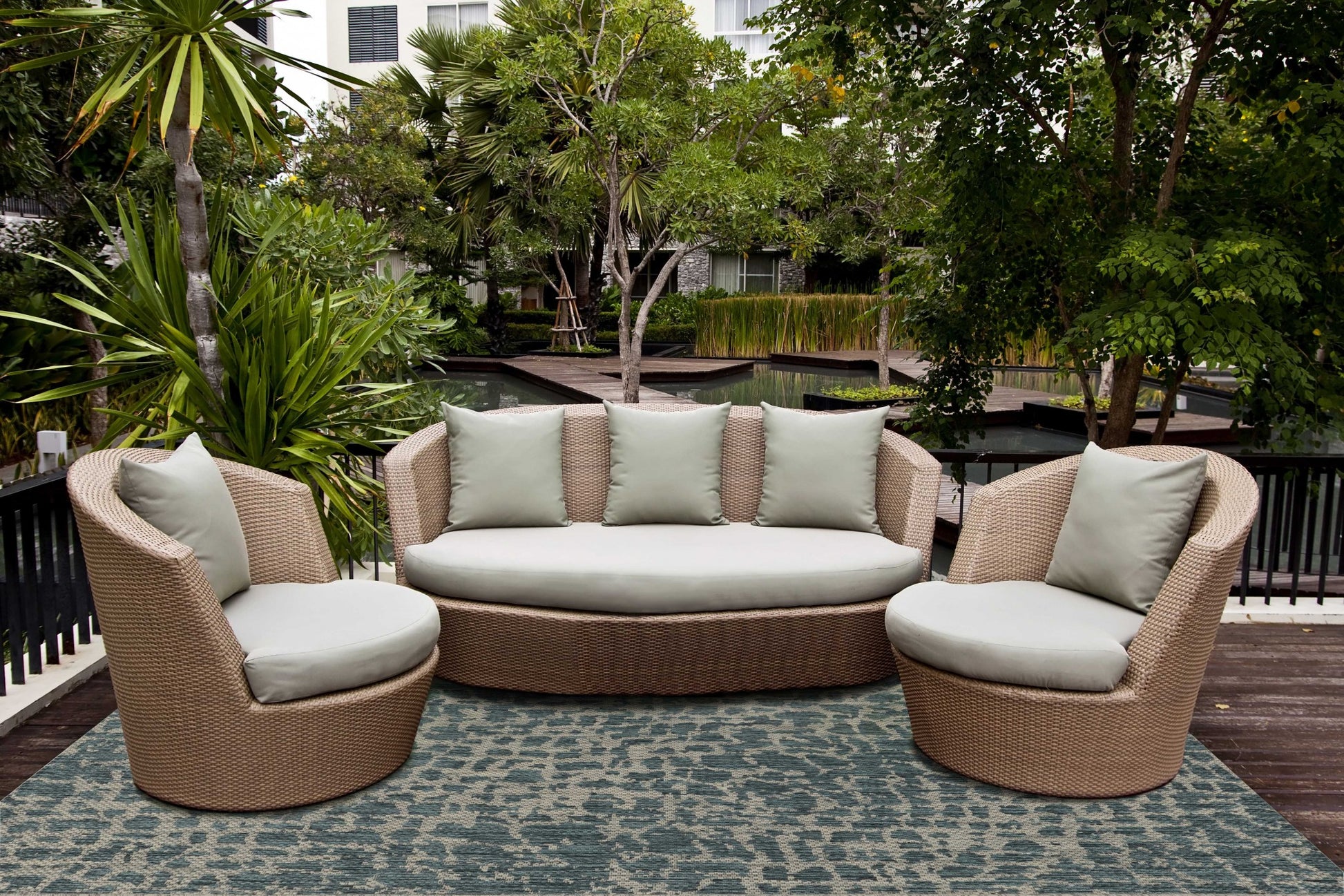 8' X 11' Teal Blue Abstract Indoor Outdoor Area Rug-Outdoor Rugs-DECOROLALA