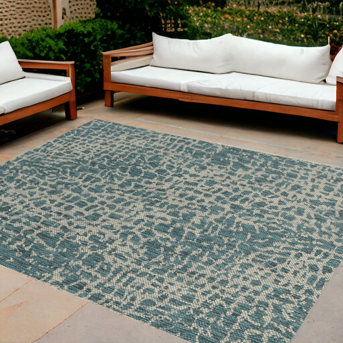 8' X 11' Teal Blue Abstract Indoor Outdoor Area Rug-Outdoor Rugs-DECOROLALA