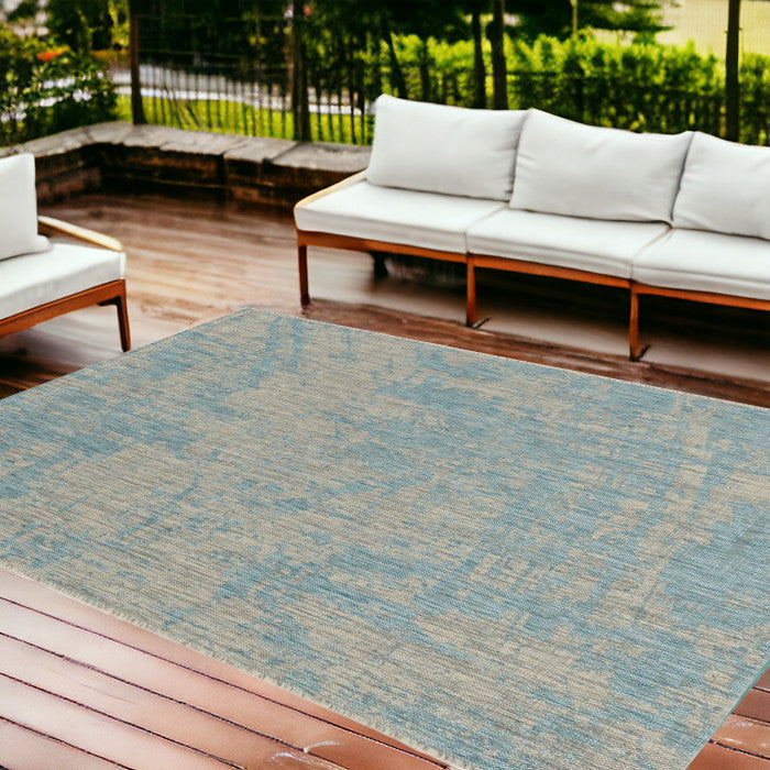 8' X 11' Teal Blue Abstract Indoor Outdoor Area Rug-Outdoor Rugs-DECOROLALA