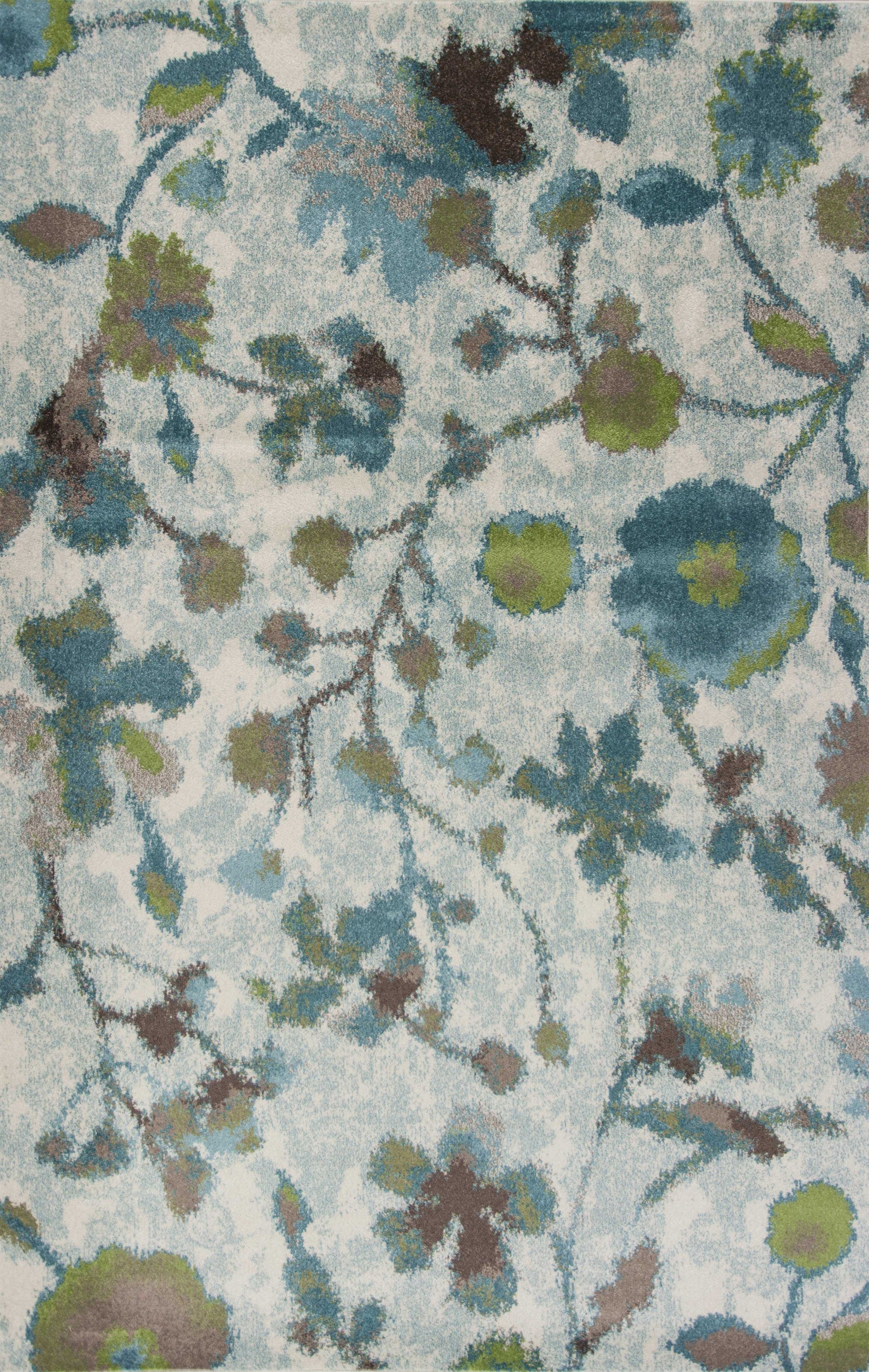 8' X 11' Teal Blue White And Green Floral Vines Area Rug-Area Rugs-DECOROLALA