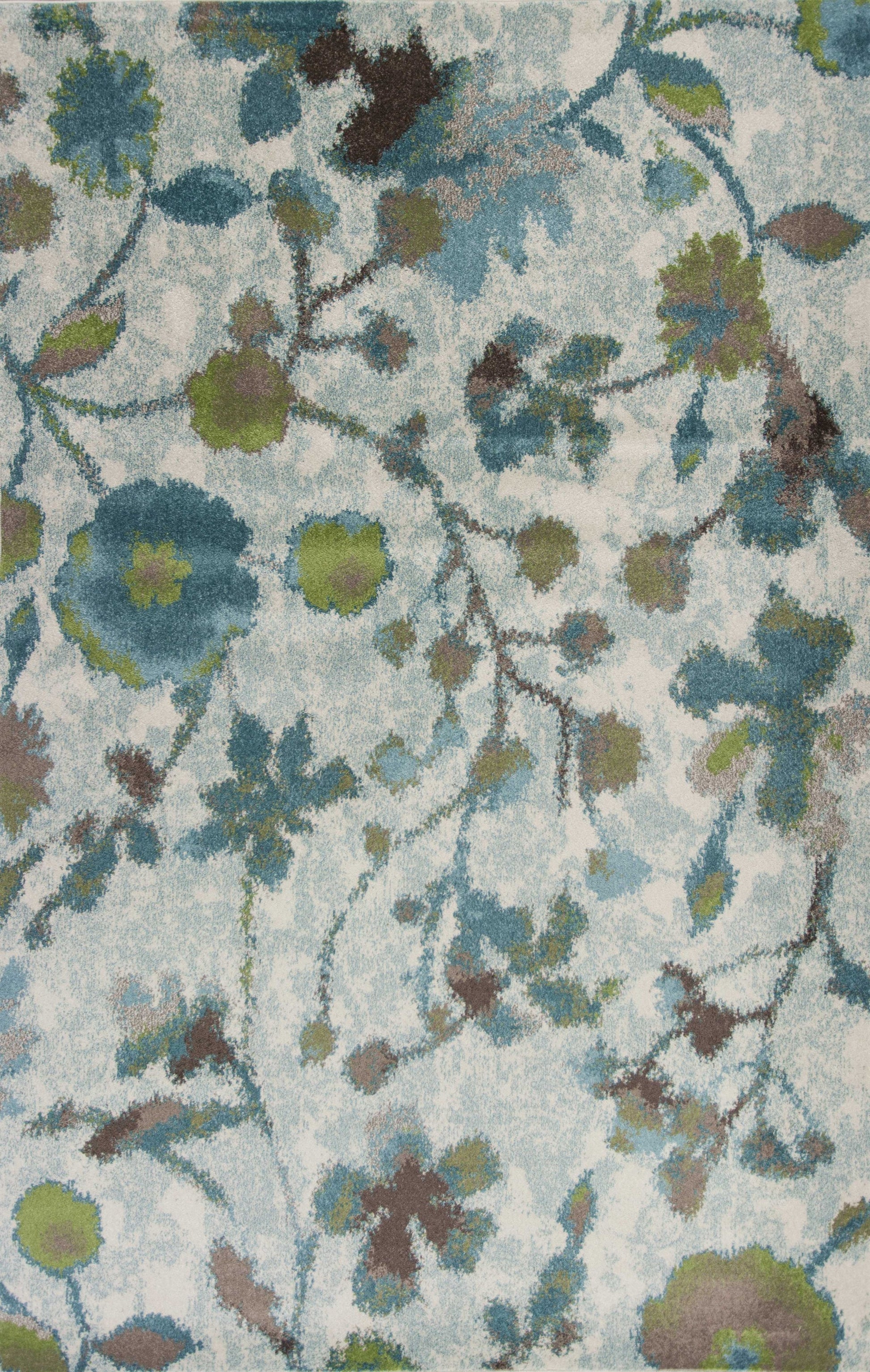 8' X 11' Teal Blue White And Green Floral Vines Area Rug-Area Rugs-DECOROLALA