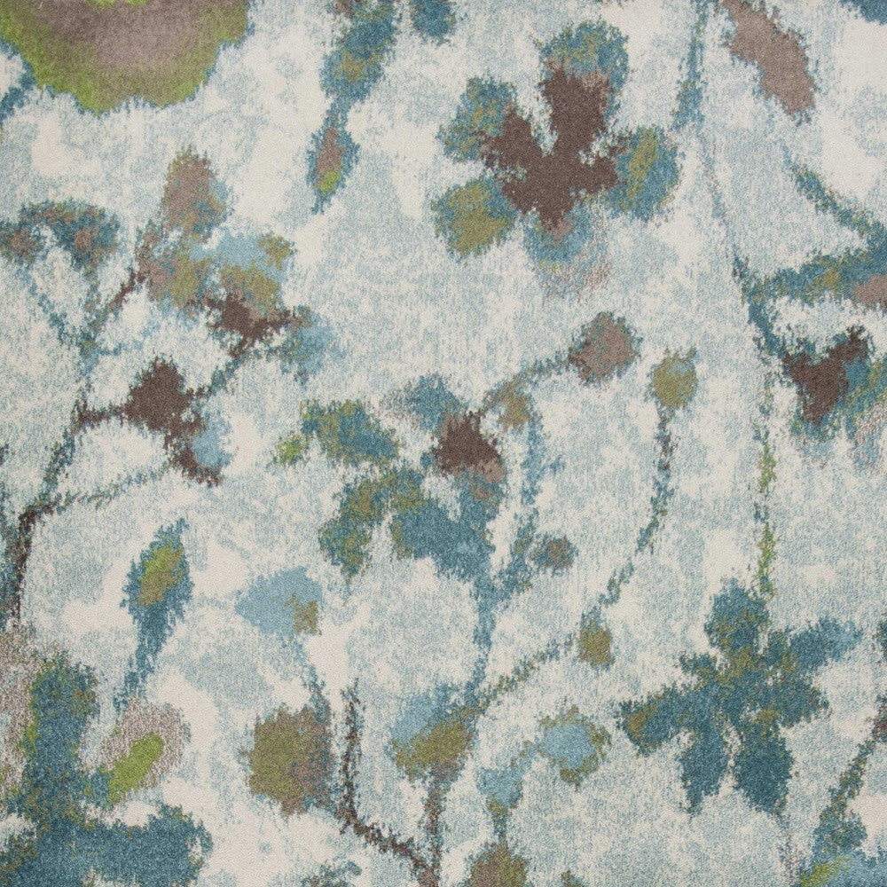 8' X 11' Teal Blue White And Green Floral Vines Area Rug-Area Rugs-DECOROLALA
