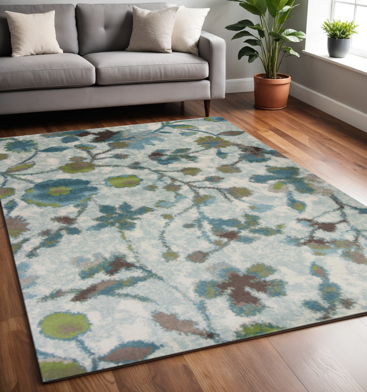 8' X 11' Teal Blue White And Green Floral Vines Area Rug-Area Rugs-DECOROLALA