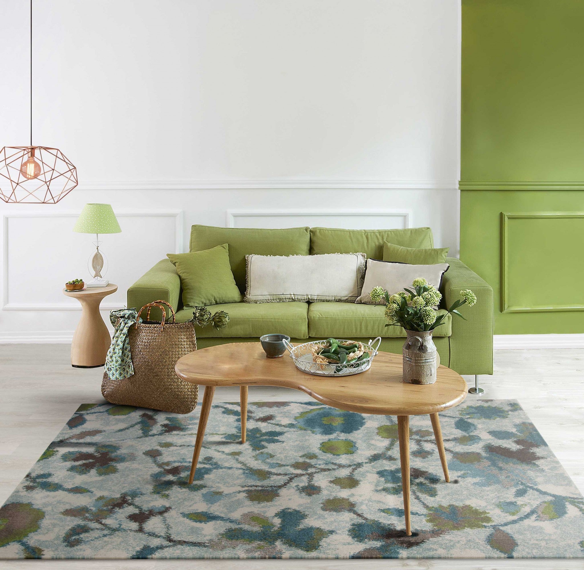 8' X 11' Teal Blue White And Green Floral Vines Area Rug-Area Rugs-DECOROLALA