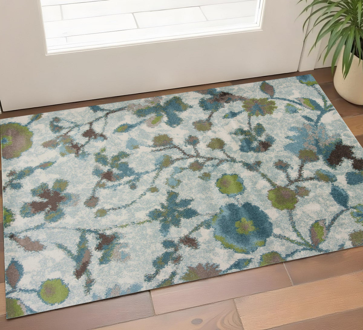 8' X 11' Teal Blue White And Green Floral Vines Area Rug-Area Rugs-DECOROLALA