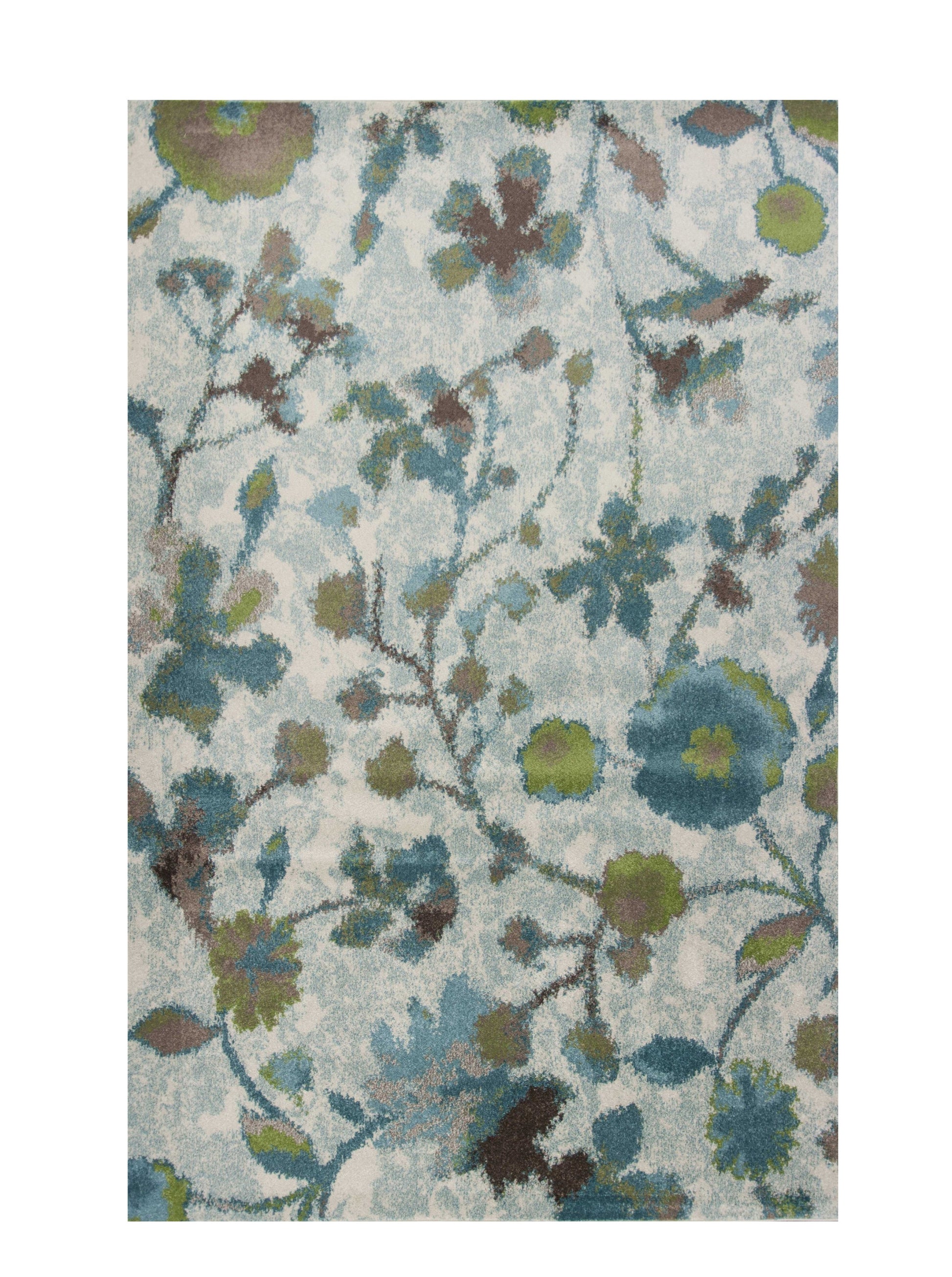 8' X 11' Teal Blue White And Green Floral Vines Area Rug-Area Rugs-DECOROLALA