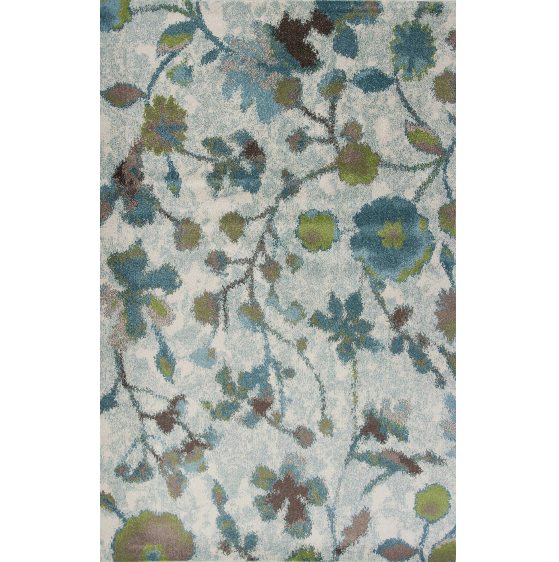 8' X 11' Teal Blue White And Green Floral Vines Area Rug-Area Rugs-DECOROLALA
