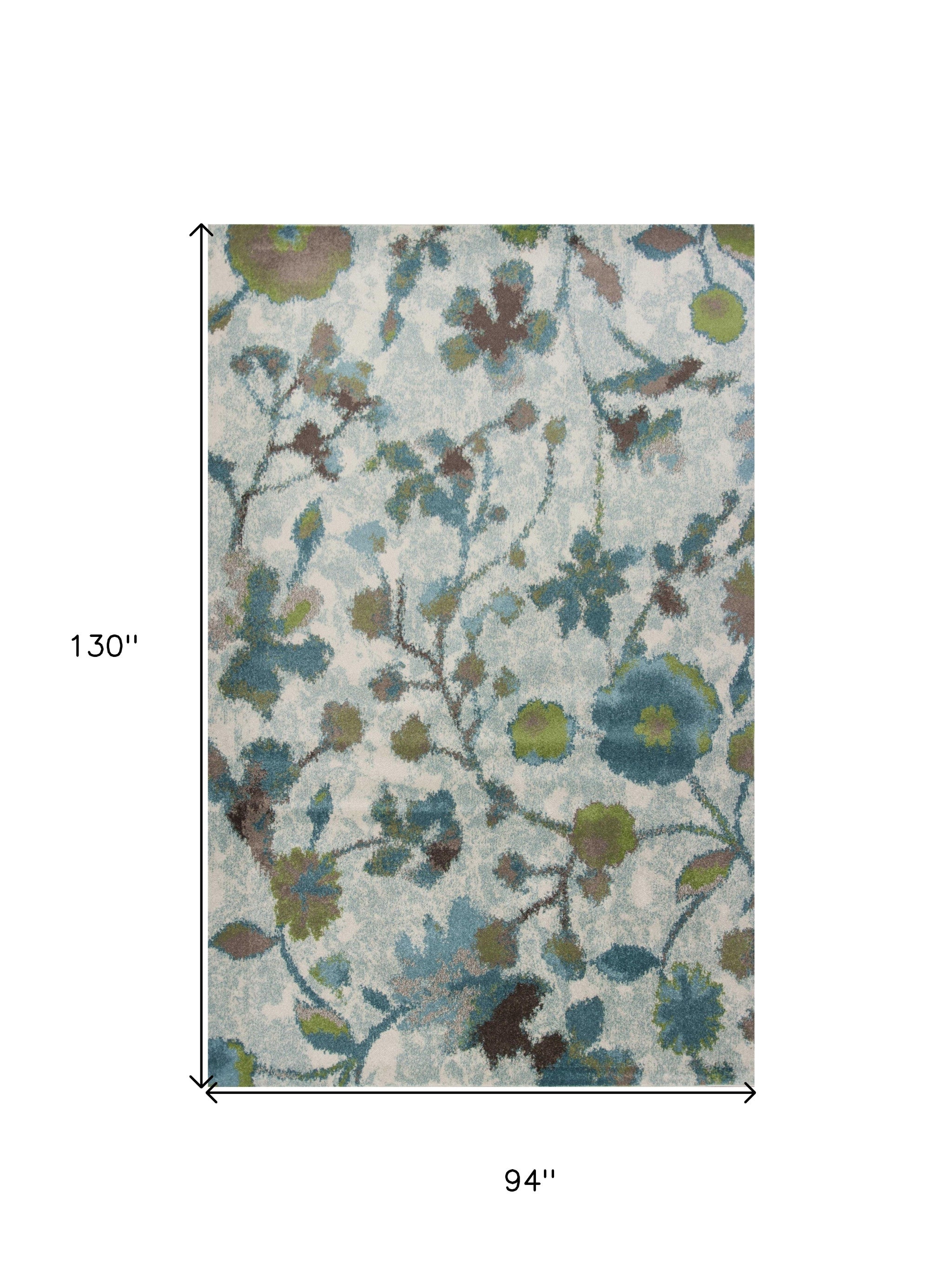 8' X 11' Teal Blue White And Green Floral Vines Area Rug-Area Rugs-DECOROLALA