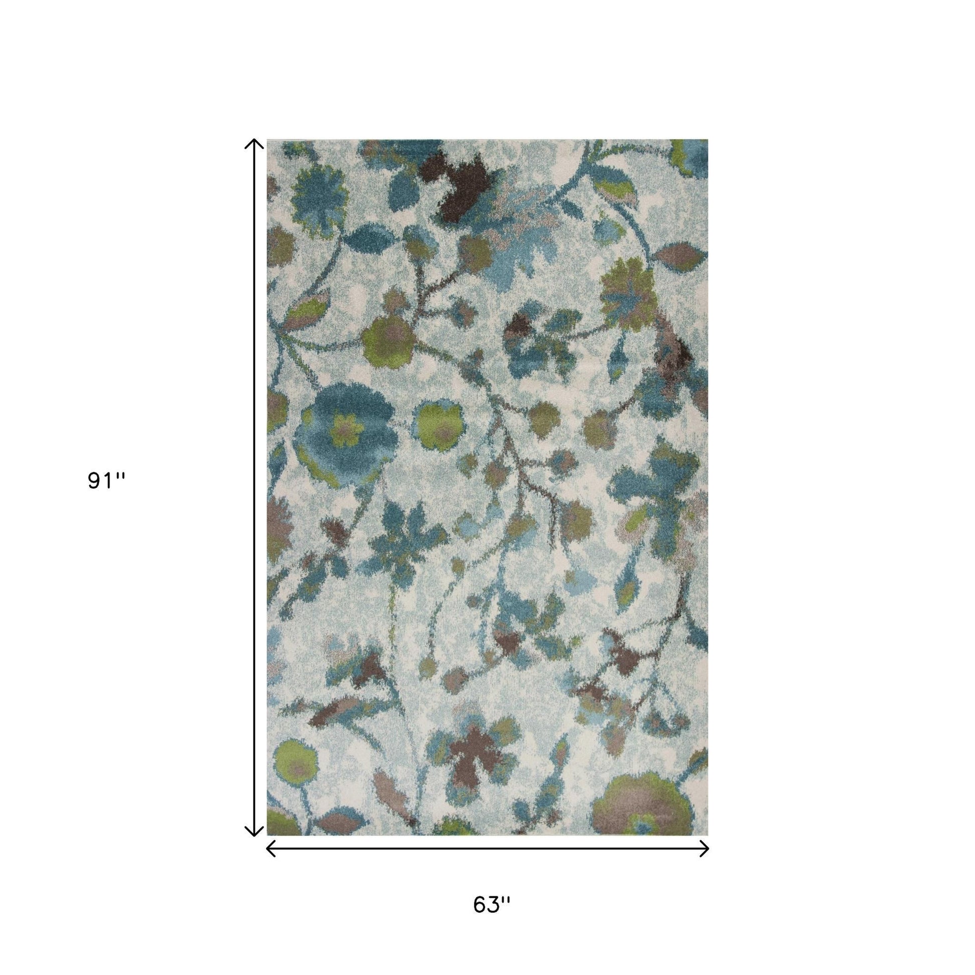 8' X 11' Teal Blue White And Green Floral Vines Area Rug-Area Rugs-DECOROLALA