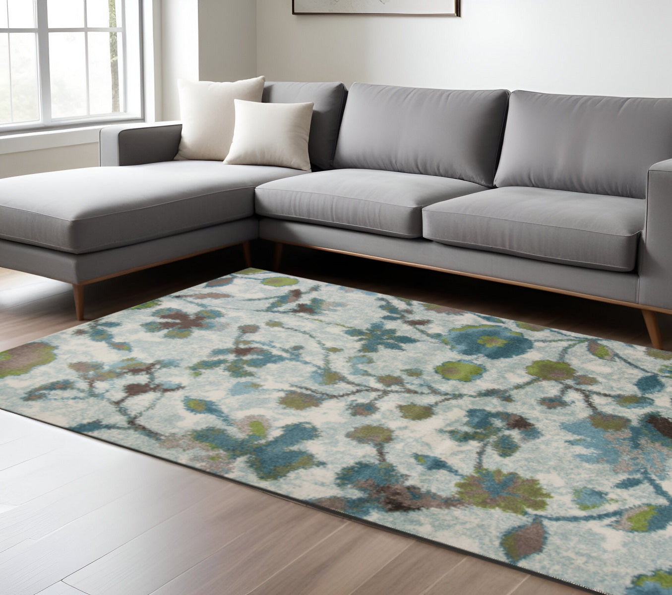 8' X 11' Teal Blue White And Green Floral Vines Area Rug-Area Rugs-DECOROLALA