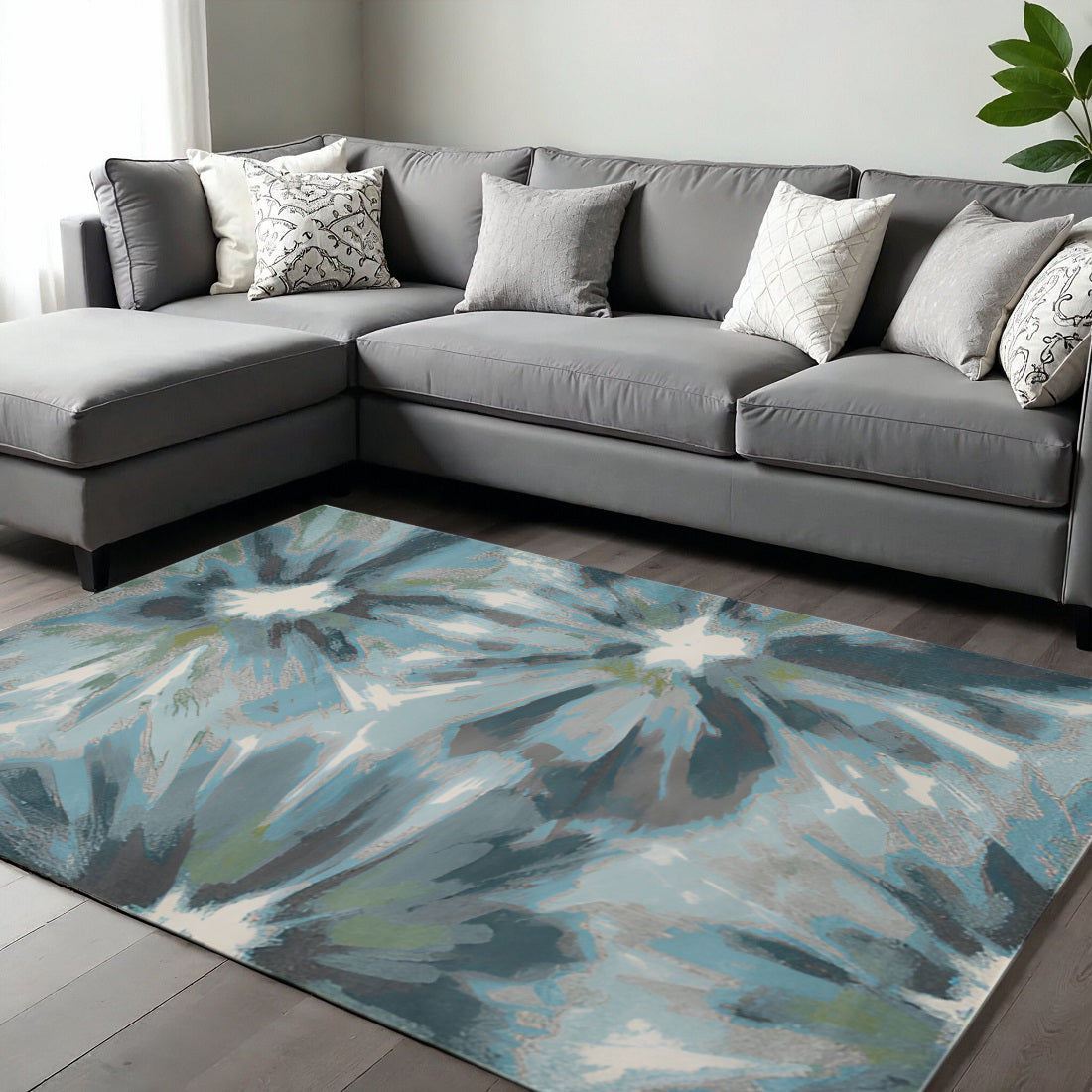 8' X 11' Teal Ivory And Gray Floral Area Rug-Area Rugs-DECOROLALA