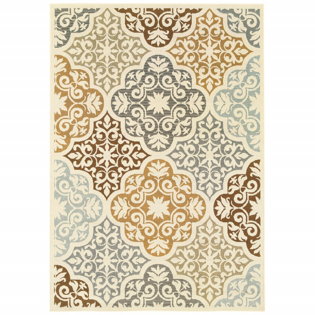 8' X 13' Gray And Ivory Moroccan Indoor Outdoor Area Rug-Outdoor Rugs-DECOROLALA