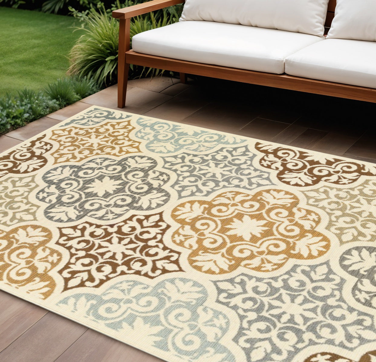 8' X 13' Gray And Ivory Moroccan Indoor Outdoor Area Rug-Outdoor Rugs-DECOROLALA