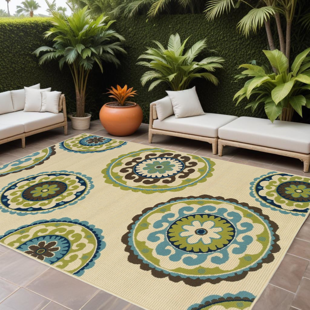 8' X 13' Ivory Indigo And Lime Green Floral Medallion Indoor Outdoor Area Rug-Outdoor Rugs-DECOROLALA