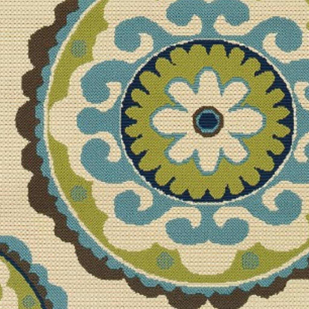8' X 13' Ivory Indigo And Lime Green Floral Medallion Indoor Outdoor Area Rug-Outdoor Rugs-DECOROLALA