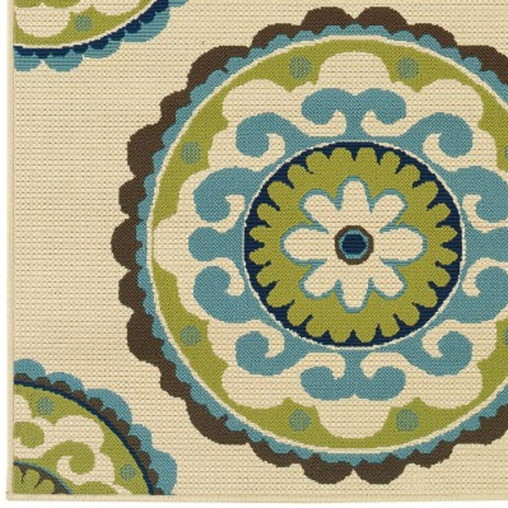 8' X 13' Ivory Indigo And Lime Green Floral Medallion Indoor Outdoor Area Rug-Outdoor Rugs-DECOROLALA