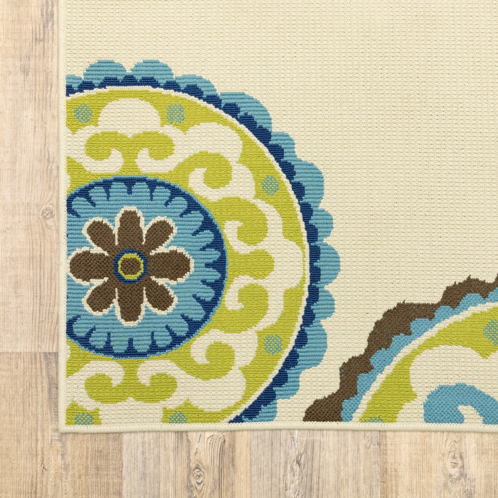 8' X 13' Ivory Indigo And Lime Green Floral Medallion Indoor Outdoor Area Rug-Outdoor Rugs-DECOROLALA