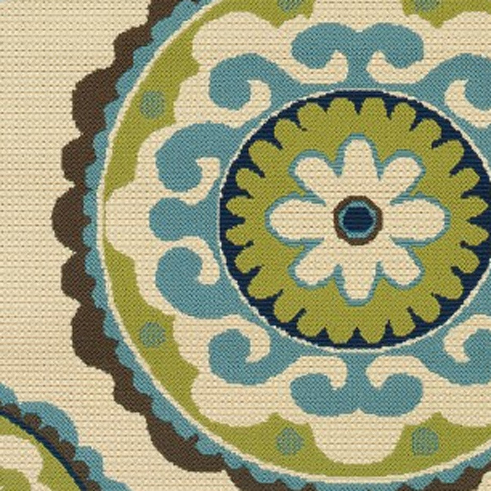 8' X 13' Ivory Indigo And Lime Green Floral Medallion Indoor Outdoor Area Rug-Outdoor Rugs-DECOROLALA