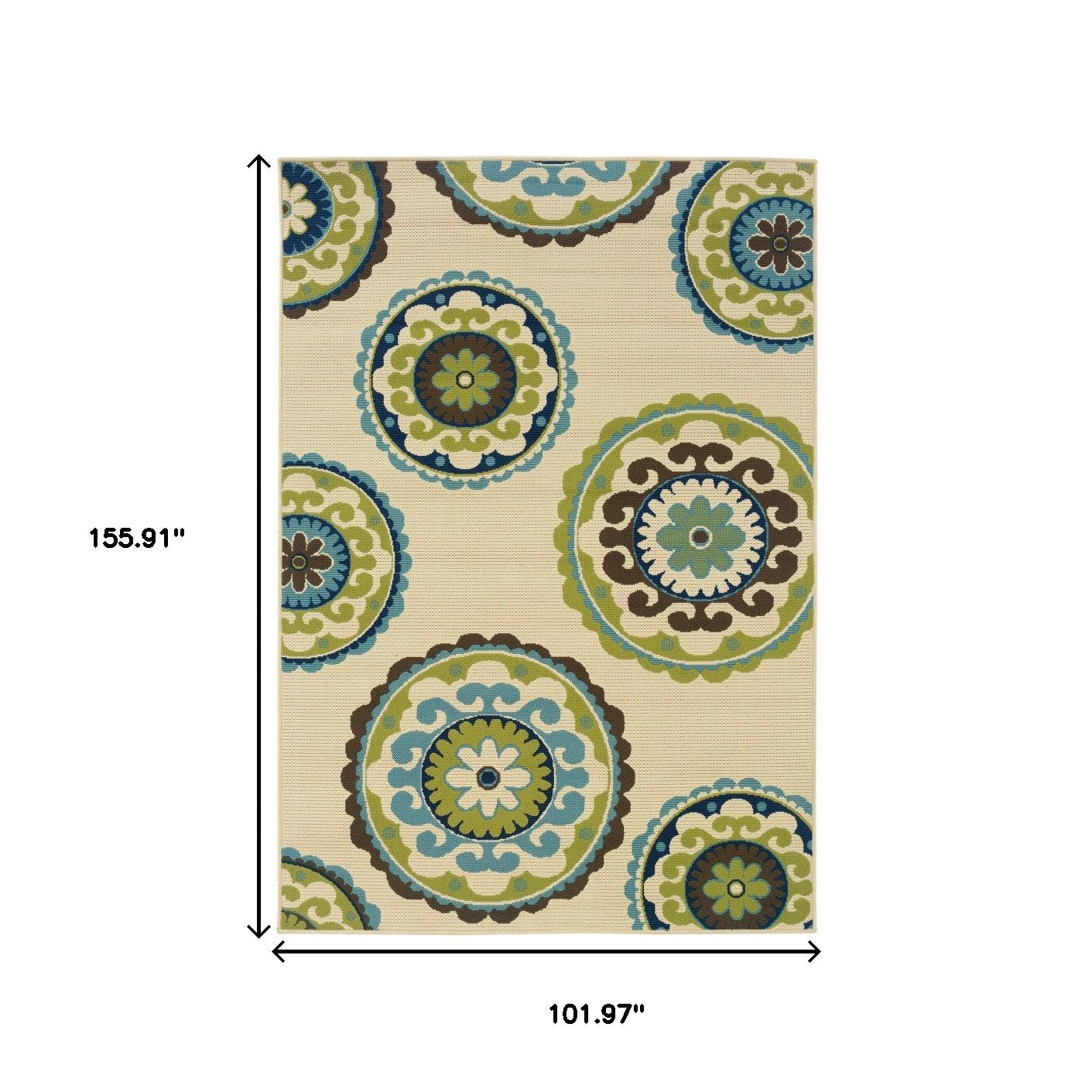 8' X 13' Ivory Indigo And Lime Green Floral Medallion Indoor Outdoor Area Rug-Outdoor Rugs-DECOROLALA