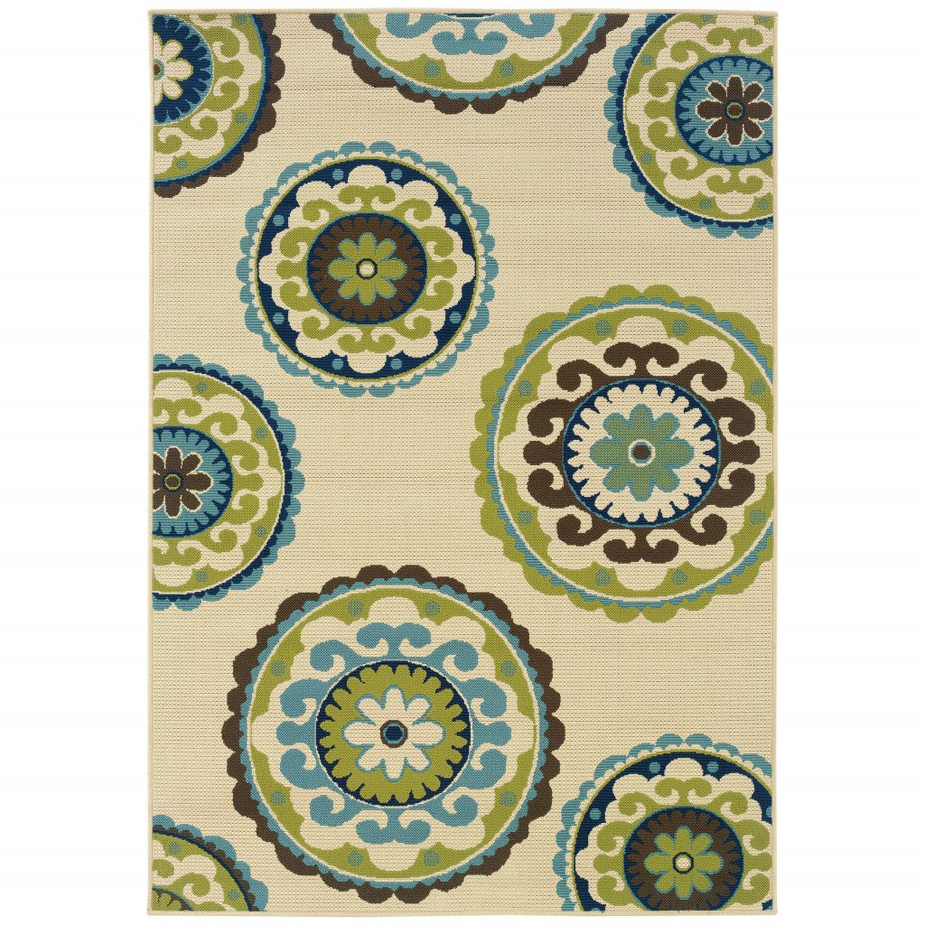 8' X 13' Ivory Indigo And Lime Green Floral Medallion Indoor Outdoor Area Rug-Outdoor Rugs-DECOROLALA