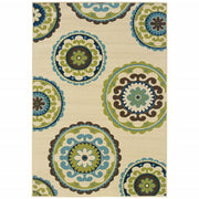 8' X 13' Ivory Indigo And Lime Green Floral Medallion Indoor Outdoor Area Rug-Outdoor Rugs-DECOROLALA