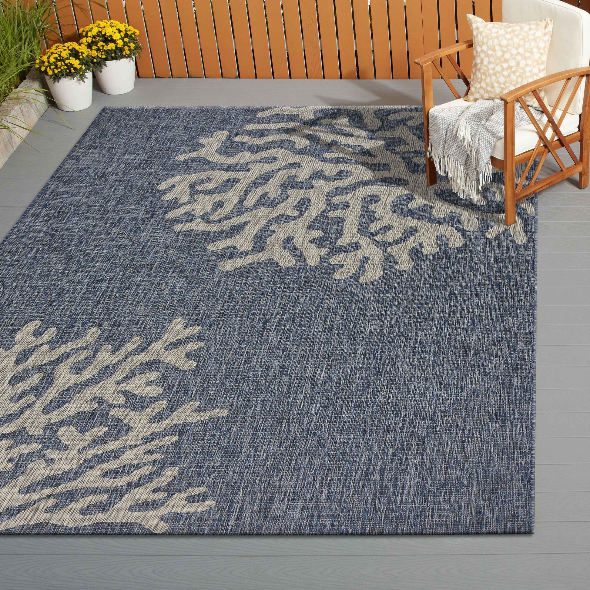 8' X 9' Blue And Gray Indoor Outdoor Area Rug-Outdoor Rugs-DECOROLALA