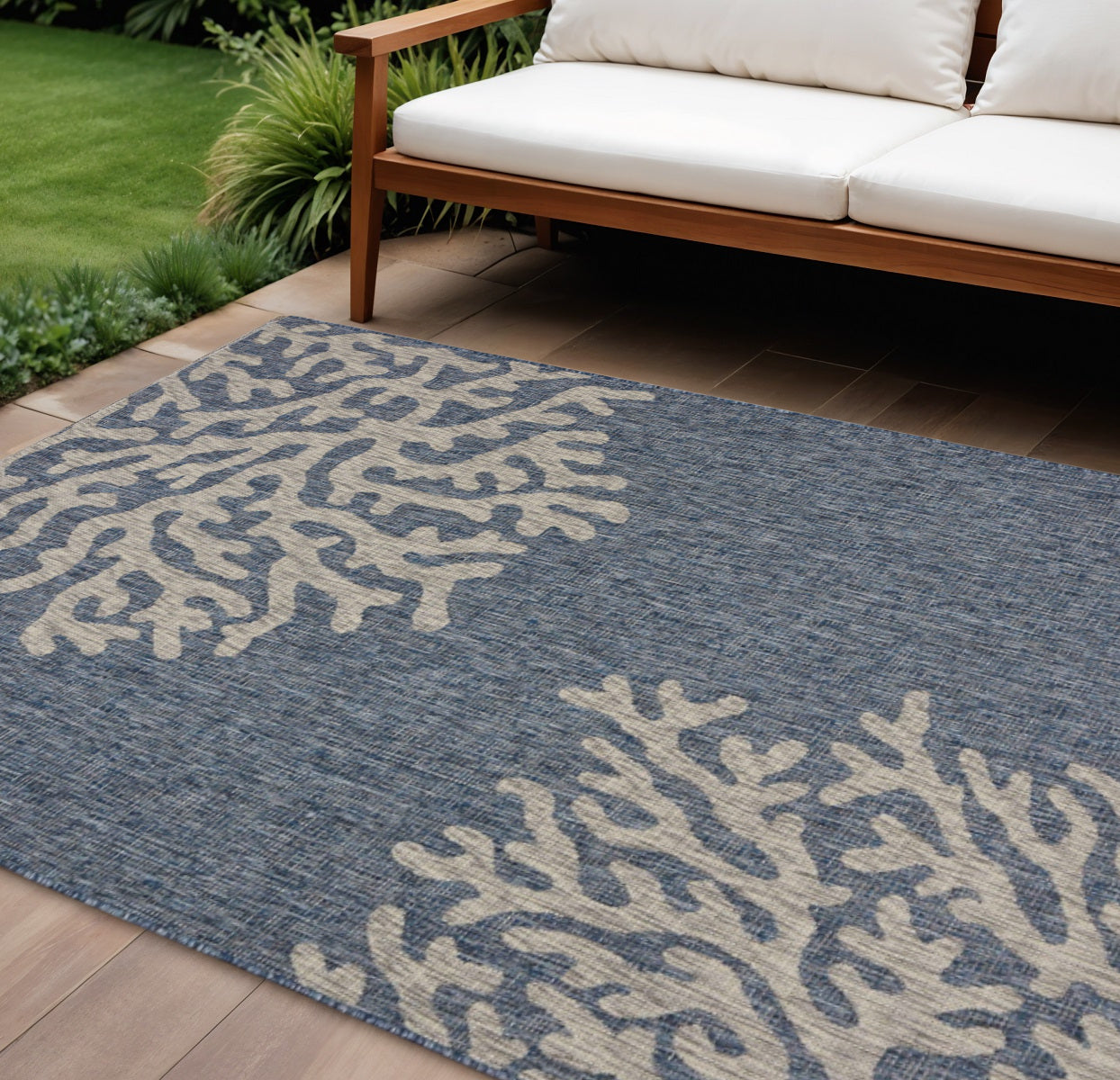 8' X 9' Blue And Gray Indoor Outdoor Area Rug-Outdoor Rugs-DECOROLALA