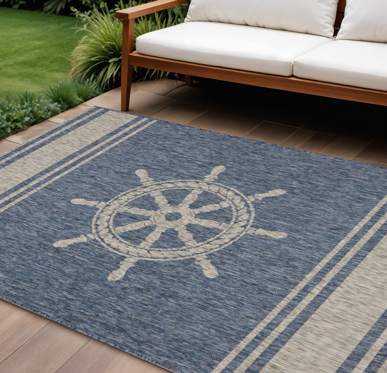 8' X 9' Blue And Gray Indoor Outdoor Area Rug-Outdoor Rugs-DECOROLALA
