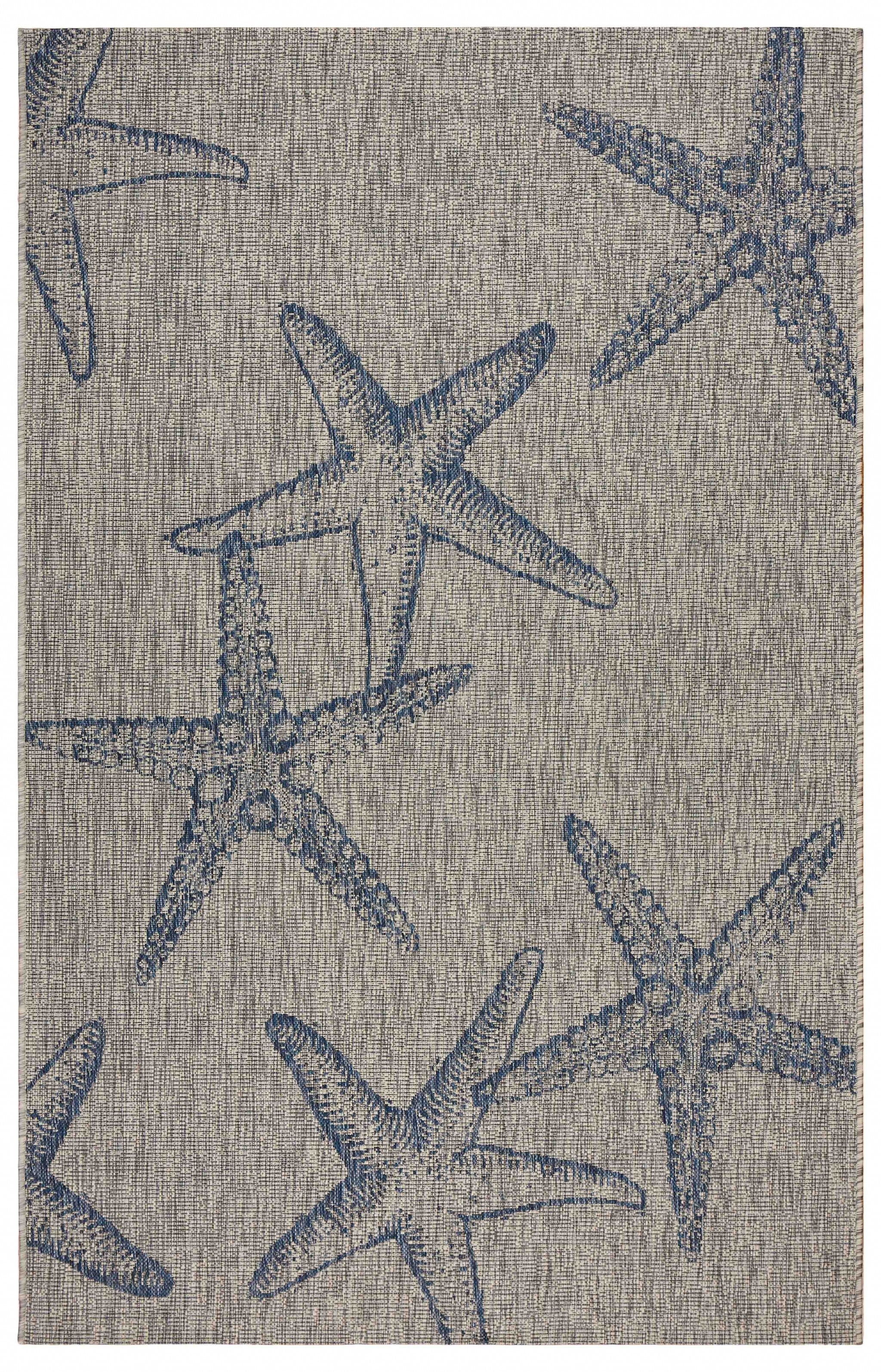 8' X 9' Blue And Gray Starfish Indoor Outdoor Area Rug-Outdoor Rugs-DECOROLALA