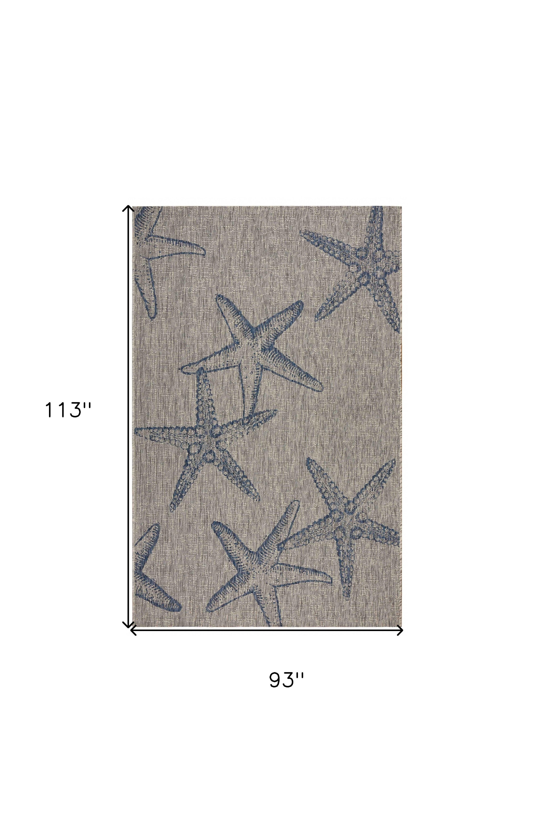 8' X 9' Blue And Gray Starfish Indoor Outdoor Area Rug-Outdoor Rugs-DECOROLALA