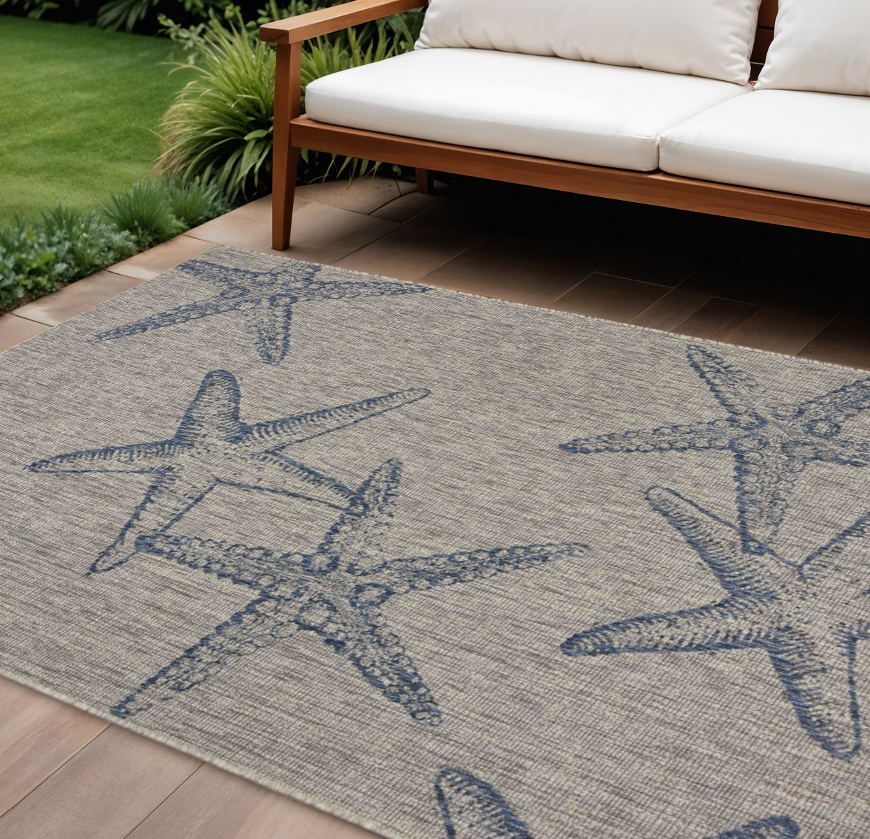 8' X 9' Blue And Gray Starfish Indoor Outdoor Area Rug-Outdoor Rugs-DECOROLALA