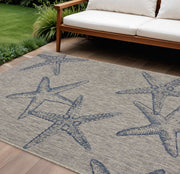 8' X 9' Blue And Gray Starfish Indoor Outdoor Area Rug-Outdoor Rugs-DECOROLALA